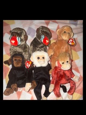 Ty Plush Monkey Beanie Set - Brown, Black, White, Red, Tan